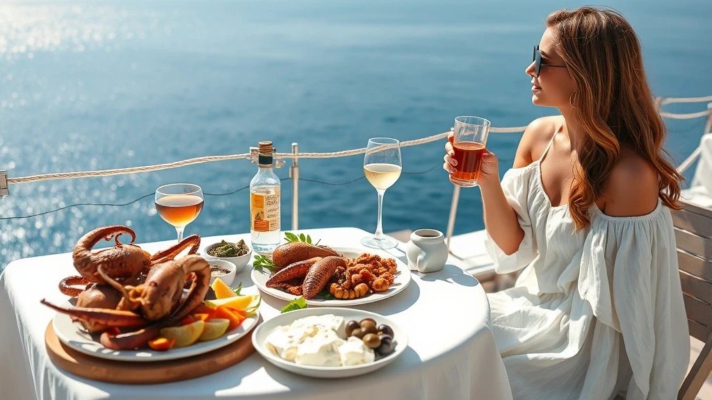 Elegante Frau genießt Meze auf einer Terrasse in Poros, Griechenland mit Meerblick