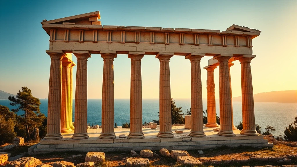 Goldene Stunde am Poseidon-Tempel in Poros, Griechenland mit dorischen Säulen und Pinienwald