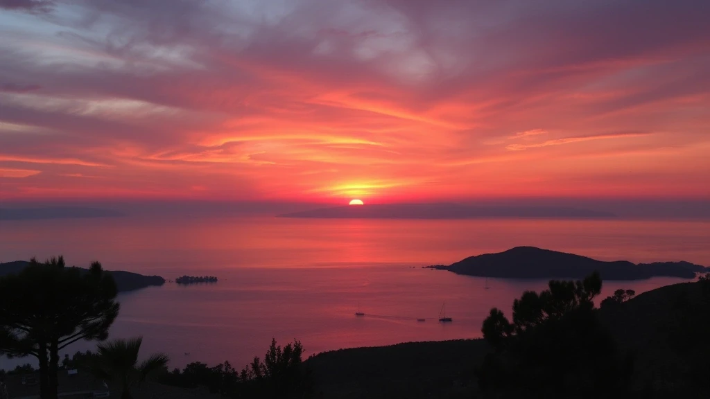 Panorama-Sonnenuntergang über dem Saronischen Golf in Poros, Griechenland mit Segelboot-Silhouetten