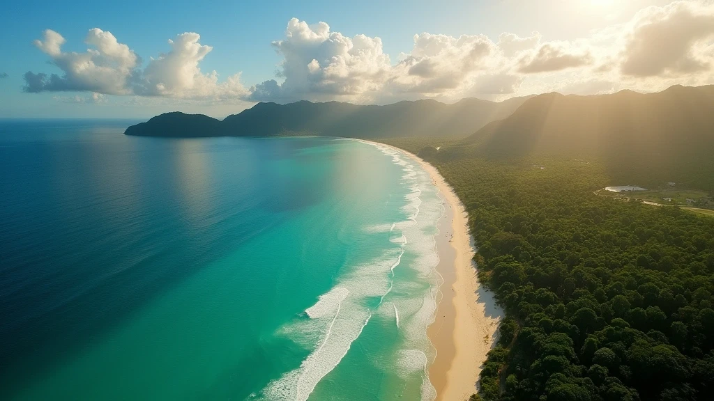 Luftaufnahme des Four Mile Beach in Port Douglas zur goldenen Stunde mit Daintree Regenwald