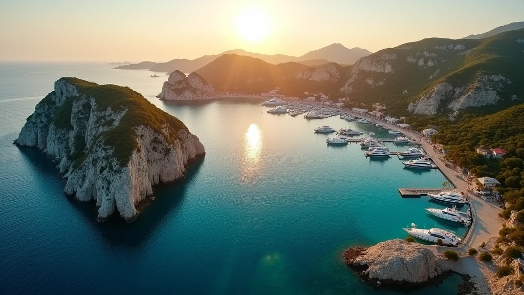 Luftaufnahme der Costa Smeralda Kueste mit Granitfelsen und Jachten in Porto Cervo zur goldenen Stunde
