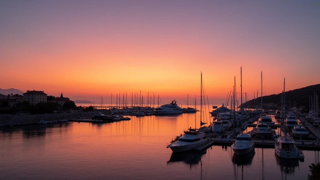 Panoramablick auf den Jachthafen von Porto Cervo bei Daemmerung mit Superyachten