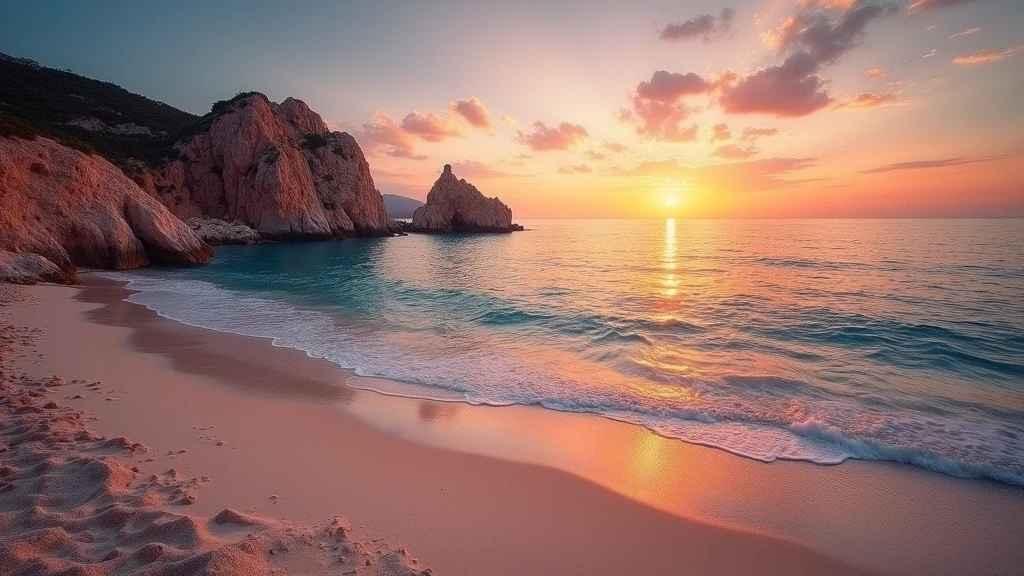 Sonnenuntergang ueber der Spiaggia del Principe mit rosa Granitfelsen in Porto Cervo