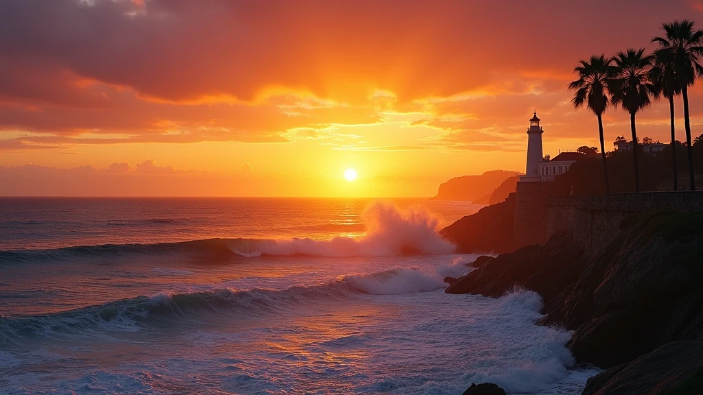 Sonnenuntergang am Atlantik in Foz do Douro, Porto mit Leuchtturm und Wellen
