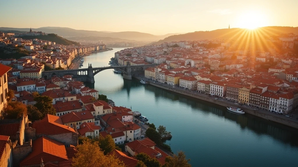 Luftaufnahme von Porto mit dem Douro-Fluss und der Dom-Luís-I-Brücke zur goldenen Stunde