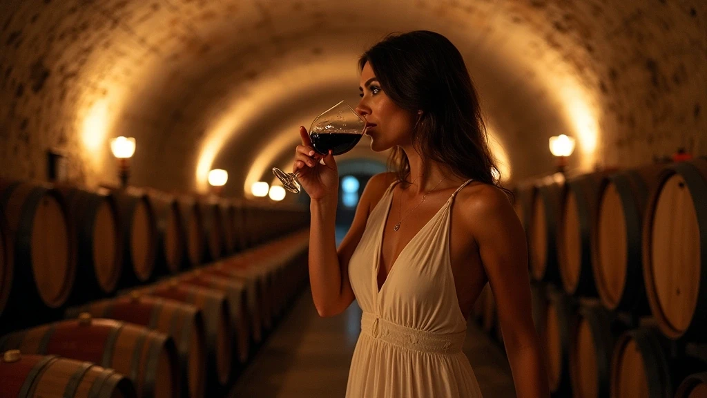 Elegante Frau probiert Portwein in historischem Weinkeller in Porto, Portugal