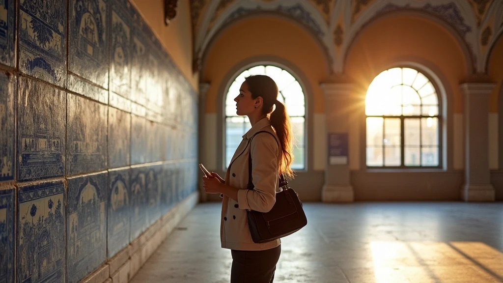 Stylisher Reisender bewundert Azulejo-Kacheln am Bahnhof Sao Bento in Porto