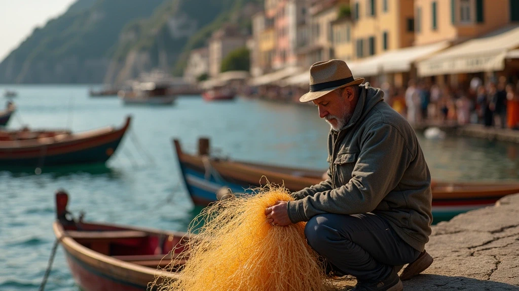 Lokaler Fischer repariert Netze am Hafen von Portofino mit historischen Booten