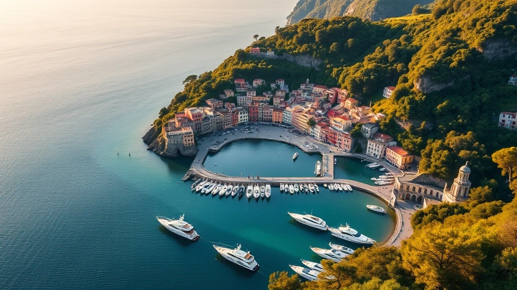 Luftaufnahme des ikonischen Hafens von Portofino mit bunten Villen und Yachten zur goldenen Stunde
