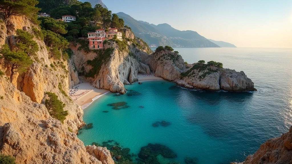 Panoramablick auf die felsige Kueste von Portofino mit smaragdgruenem Wasser