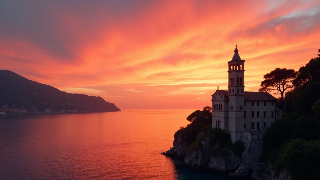 Sonnenuntergang ueber der Kirche San Giorgio in Portofino mit dramatischem Himmel