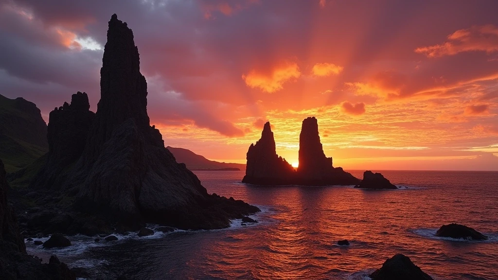 Sonnenuntergang am Old Man of Storr Felsen in Portree, Schottland mit dramatischem Himmel