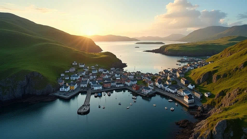 Luftaufnahme des bunten Hafens von Portree mit grünen Hügeln und Küste zur goldenen Stunde in Schottland