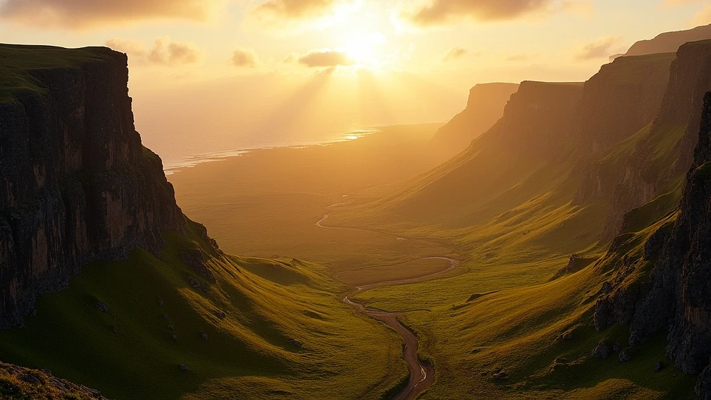 Goldene Stunde am Quiraing Landslide in Portree, Schottland mit dramatischen Felsformationen