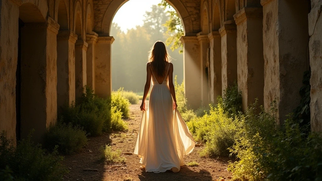 Elegante Frau in weissem Kleid erkundet die verlassene Insel Poveglia