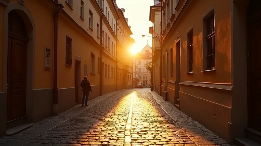 Goldene Stunde auf den Kopfsteinpflasterstrassen der Kleinseite in Prag mit Barockarchitektur