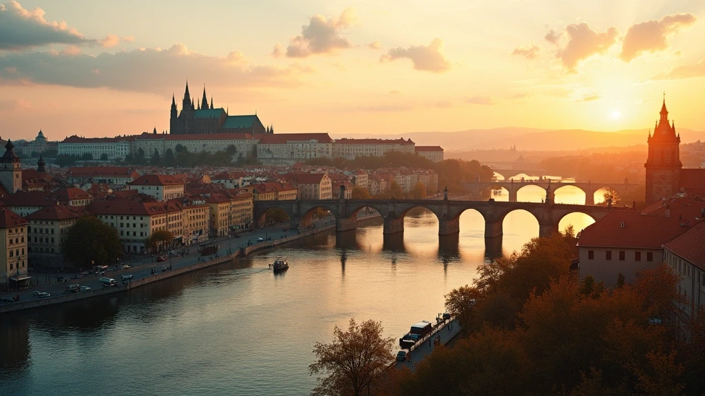 Luftaufnahme von Prag mit der Moldau, Prager Burg und Karlsbruecke zur goldenen Stunde