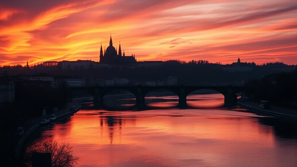 Sonnenuntergang ueber der Moldau in Prag mit Silhouetten von Prager Burg und Karlsbruecke