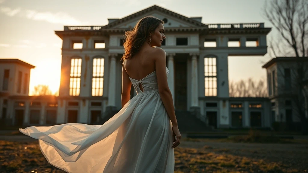 Elegante Frau im weissen Kleid vor dem verlassenen Kulturpalast Energetik in Pripyat zur goldenen Stunde