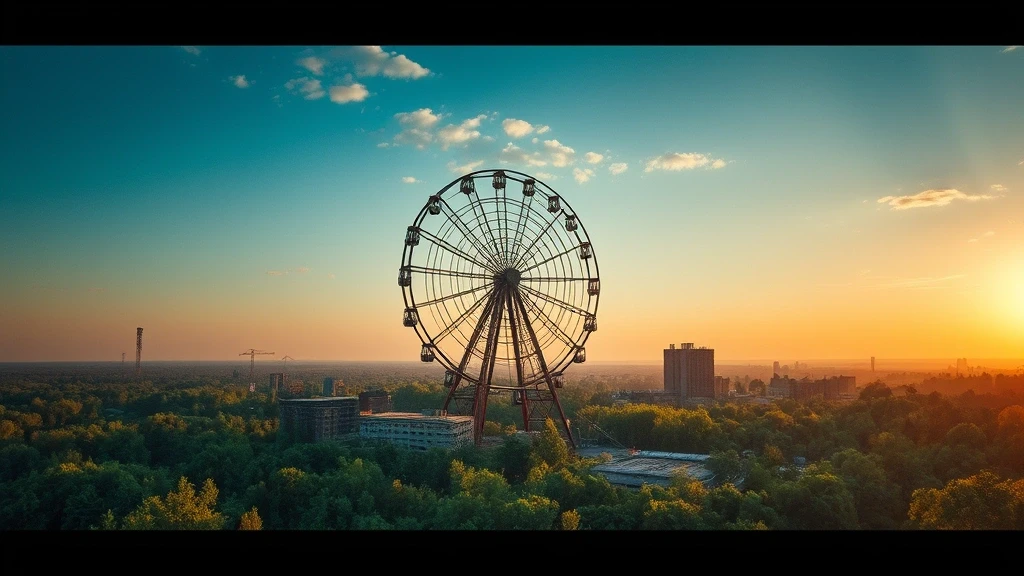 Luftaufnahme der verlassenen Stadt Pripyat mit Riesenrad und ueberwucherten Gebaeuden zur goldenen Stunde in der Ukraine