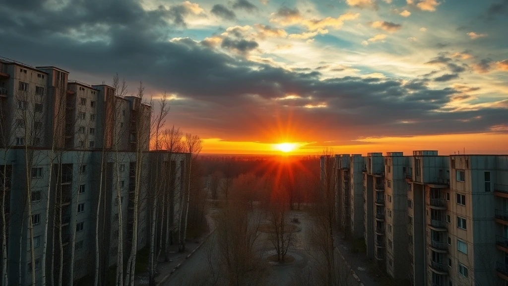 Panorama der Tschernobyl-Sperrzone mit Birkenwald und verlassenen Wohnbloecken bei Sonnenuntergang in Pripyat