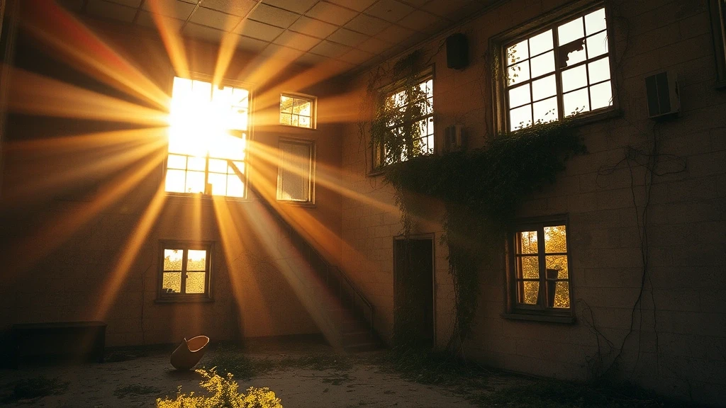 Goldene Stunde im verlassenen Polissya Hotel in Pripyat mit Lichtstrahlen durch zerbrochene Fenster