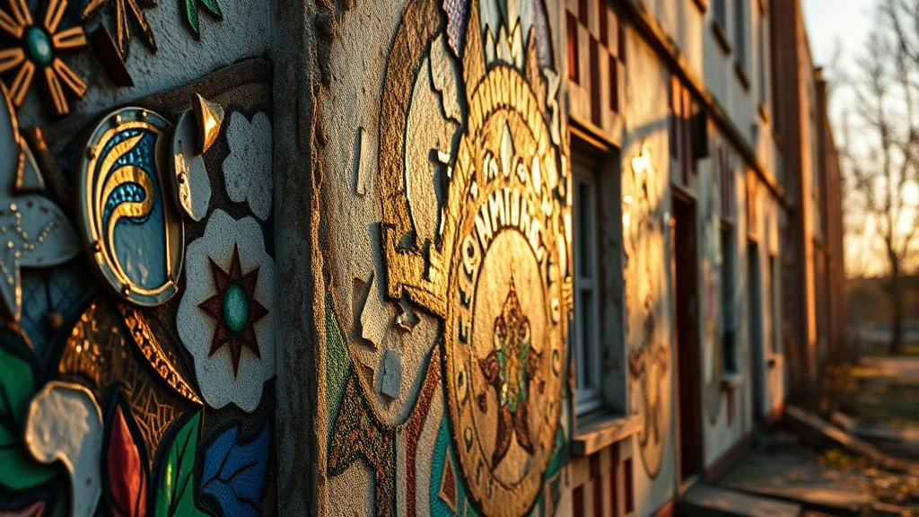 Detailaufnahme von verwitterter Sowjet-Mosaikkunst an Gebaeudefassade in Pripyat zur goldenen Stunde