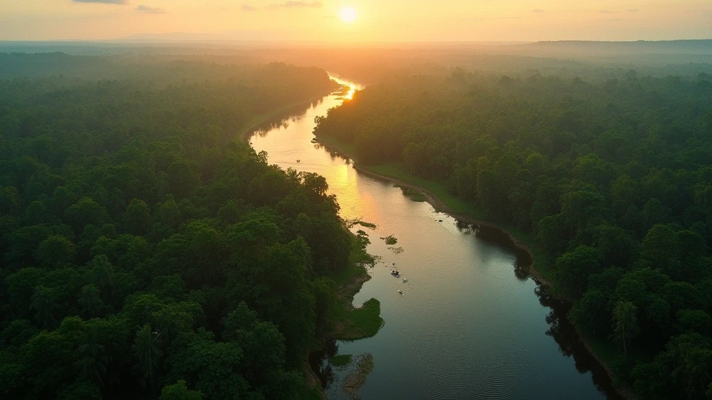 Luftaufnahme des Ucayali-Flusses im Amazonas-Regenwald bei Pucallpa, Peru zur goldenen Stunde