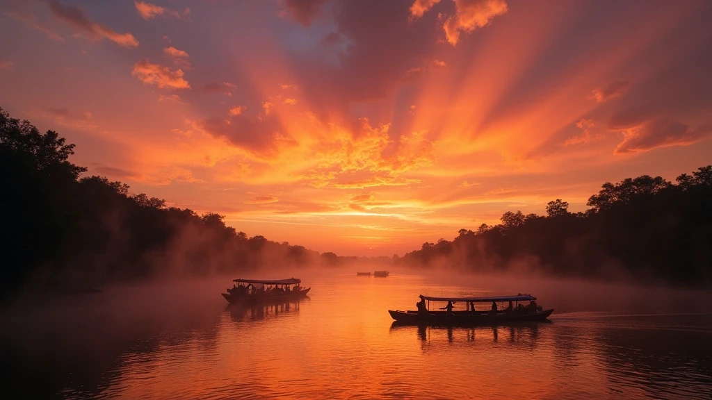Sonnenuntergang am Ucayali-Fluss in Pucallpa, Peru mit dramatischem Himmel und Boot-Silhouetten