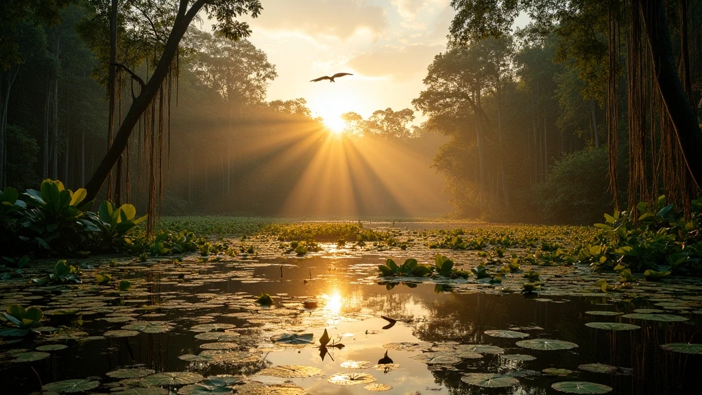Abgeschiedener Altarmsee im Amazonas-Regenwald von Puerto Maldonado mit Wasserlilien und Aras