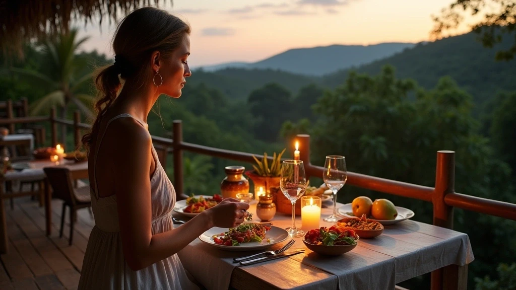 Elegante Frau genießt Gourmet-Dinner auf Terrasse mit Regenwaldblick in Puerto Maldonado bei Daemmerung