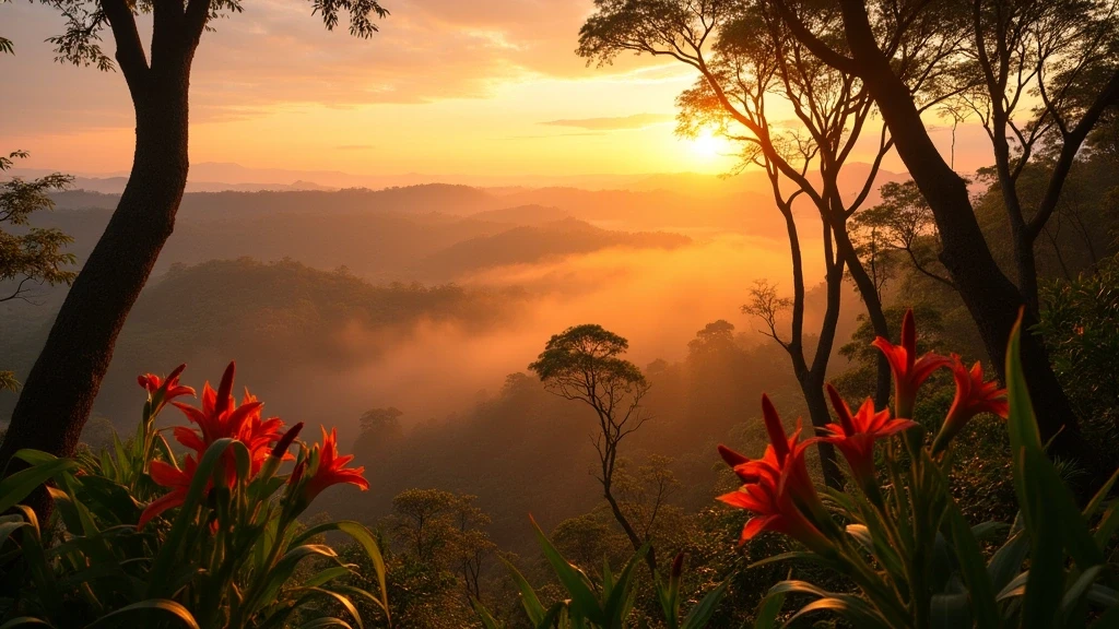 Panorama des Tambopata Nationalreservats im Amazonas bei Sonnenuntergang mit Regenwald und Nebel