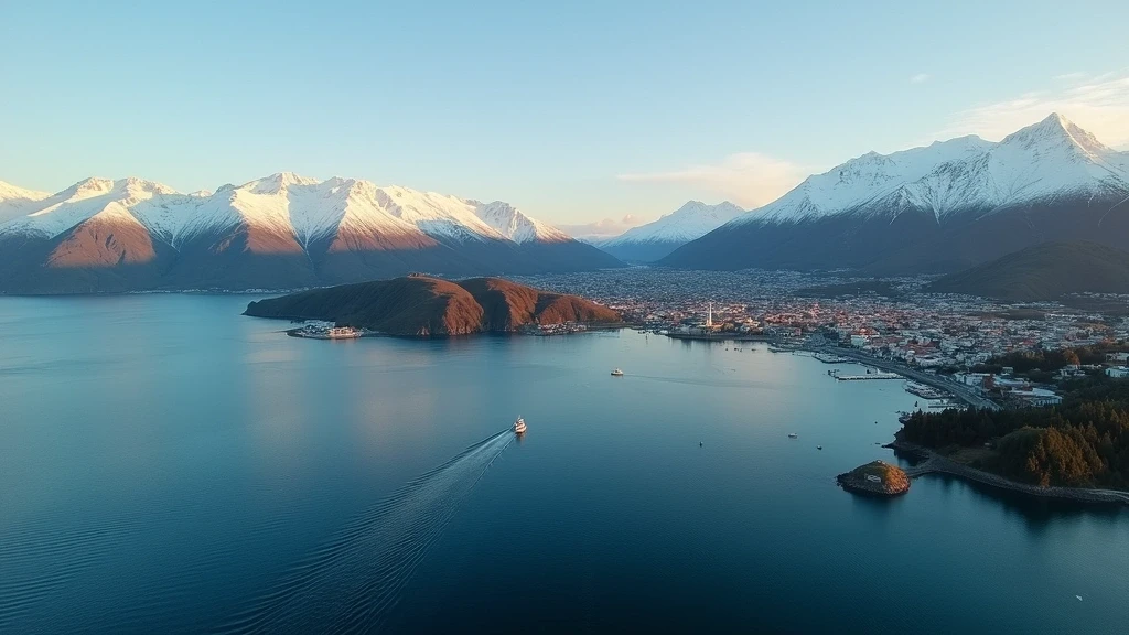 Dramatische Luftaufnahme von Puerto Montt mit Anden und Reloncaví-Fjord zur goldenen Stunde