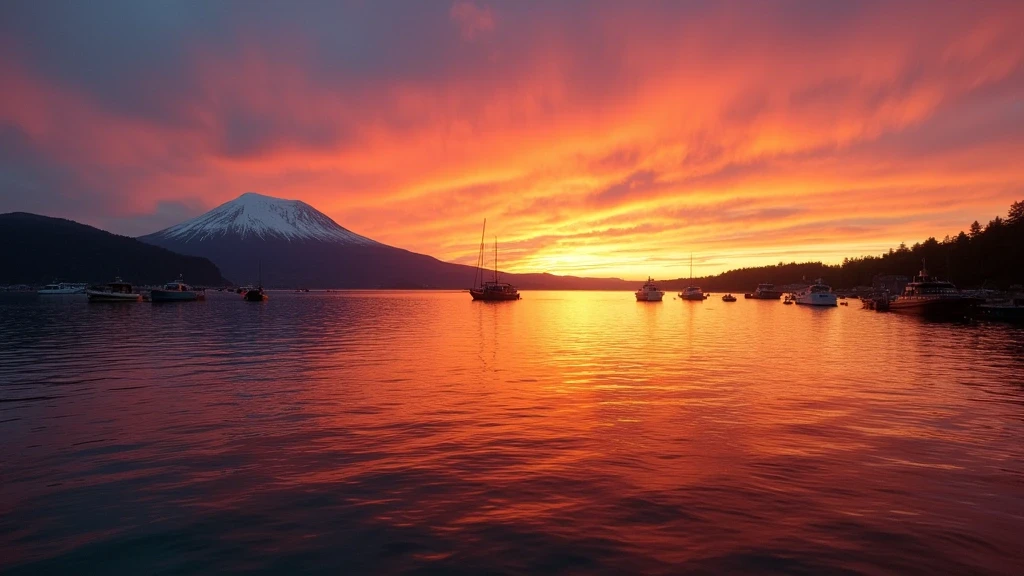 Sonnenuntergang über dem Reloncaví-Ästuar in Puerto Montt mit Osorno-Vulkan