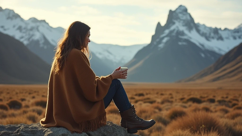 Elegante Frau geniesst Mate-Tee mit Blick auf Torres del Paine in Puerto Natales, Chile