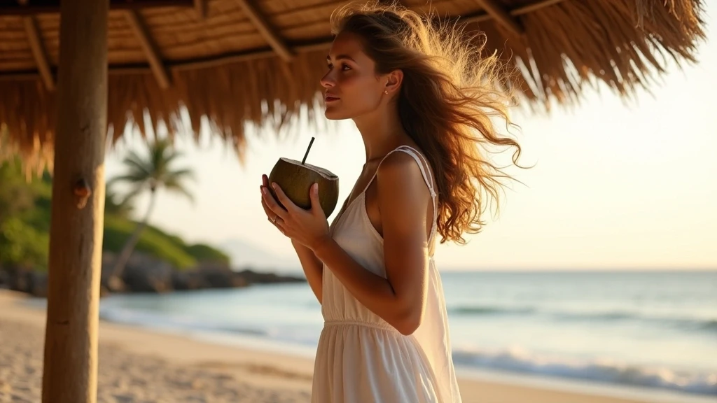 Elegante Frau geniesst Kokoswasser an einem Strandpalapa in Puerto Viejo de Talamanca zur goldenen Stunde
