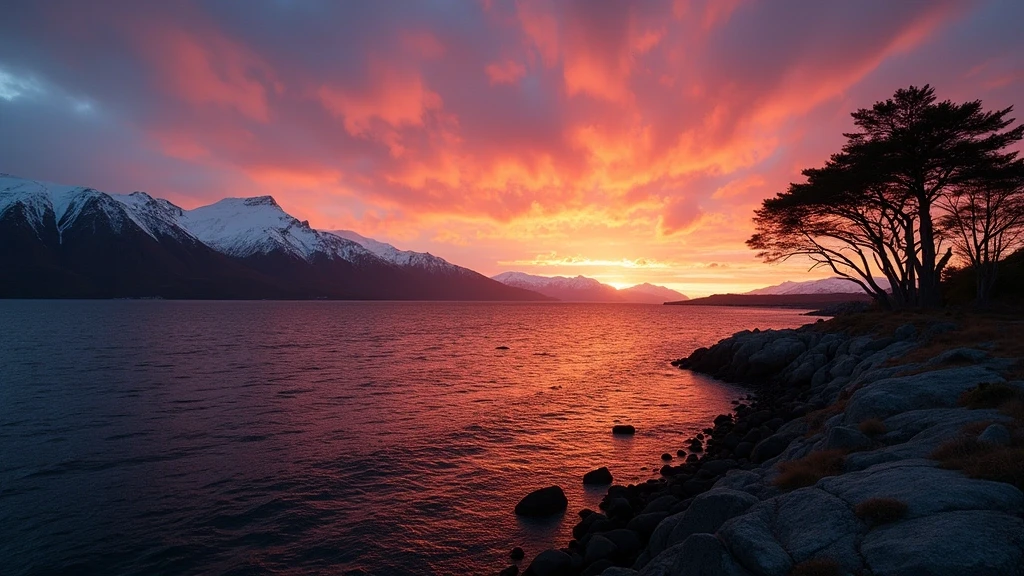 Panorama des Beagle-Kanals bei Sonnenuntergang in Puerto Williams, Chile mit dramatischem Himmel
