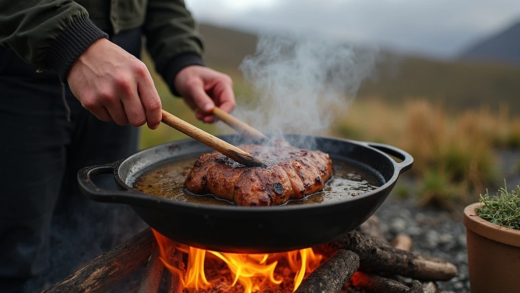 Traditionelles Patagonisches Lamm-Asado ueber offenem Feuer in Puerto Williams, Chile