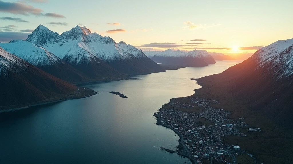 Dramatische Luftaufnahme der Dientes de Navarino Berge und des Beagle-Kanals in Puerto Williams, Chile zur goldenen Stunde