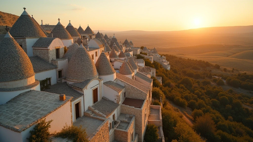 Luftaufnahme der trulli von Alberobello im Valle d'Itria zur goldenen Stunde in Apulien