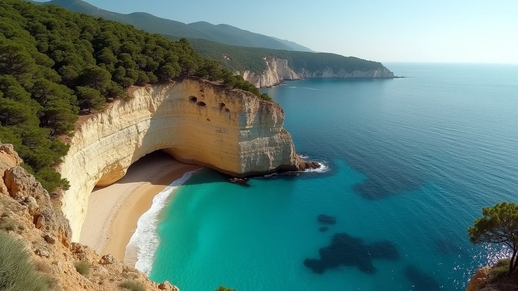 Panoramablick auf die Klippen der Gargano-Halbinsel in Apulien mit tuerkisfarbenem Meer