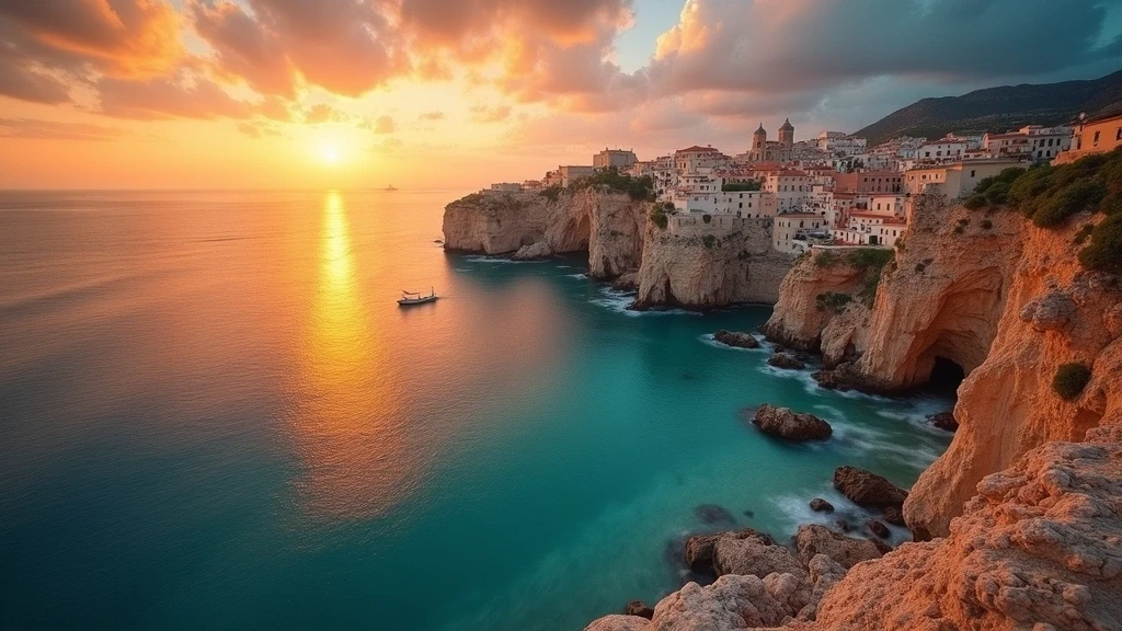 Sonnenuntergang ueber Polignano a Mare an der adriatischen Kueste Apuliens