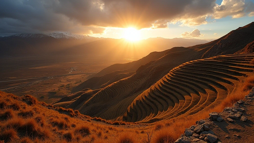 Goldene Stunde auf den alten Steinterrassen des andinen Altiplano in Puno, Peru