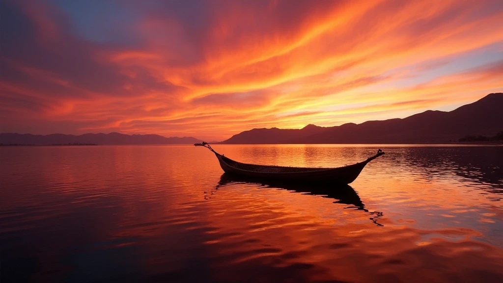 Panorama des Titicacasees bei Sonnenuntergang mit Schilfboot-Silhouetten in Puno, Peru