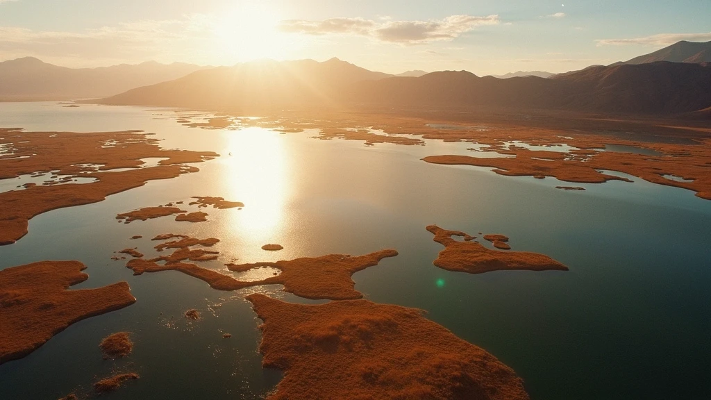 Luftaufnahme des Titicacasees mit Uros-Schwimminseln und Andenbergen zur goldenen Stunde in Puno, Peru