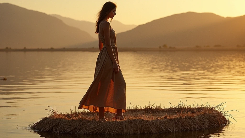 Elegante Frau auf einer Uros-Schwimminsel aus Schilf bei goldener Stunde in Puno, Peru