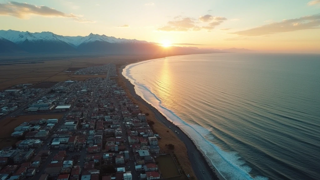 Luftaufnahme der Magellanstrasse und patagonischen Küste bei Punta Arenas zur goldenen Stunde