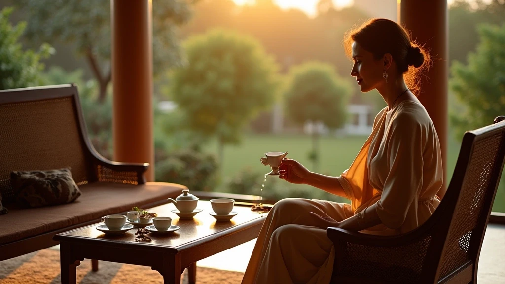 Elegante Frau geniesst burmesischen Tee auf einer Kolonialveranda in Pyin Oo Lwin