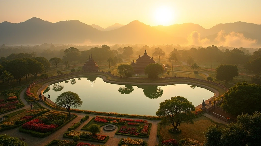 Panoramablick auf die National Kandawgyi Gaerten in Pyin Oo Lwin zur goldenen Stunde