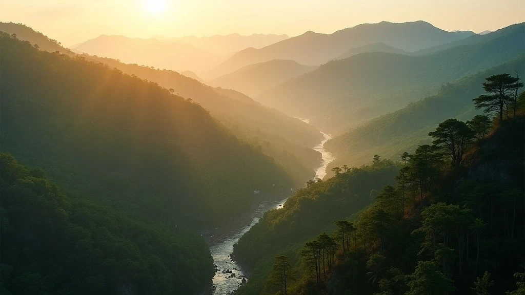 Luftaufnahme der Shan-Berge und Anisakan-Wasserfaelle in Pyin Oo Lwin zur goldenen Stunde